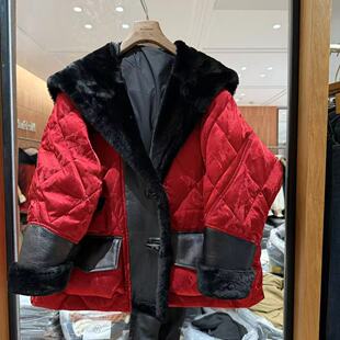 欧洲站2025冬羊毛大翻领拼皮牛角扣菱格压花轻奢皮草鹅绒服28629