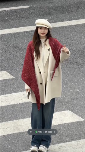 欧洲站2025冬新款时尚搭配围巾双排扣宽松百搭羊毛大衣外套女W722