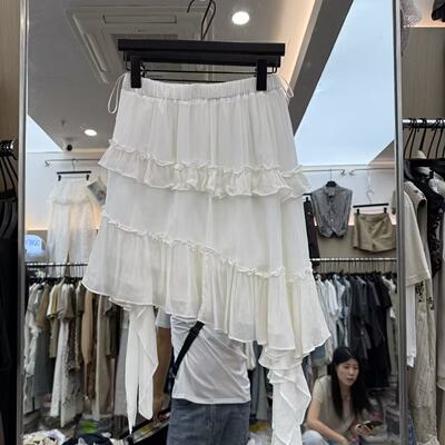 欧洲站2026夏新款时尚松紧腰拼接飘带荷叶边洋气及膝蛋糕裙60366