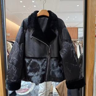 欧洲站2025冬新时尚水貂毛领侧拉链人丝提花洋气保暖鹅绒外套2539