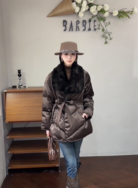 欧洲站2025冬新款时尚水貂毛翻领系带收腰中长款羽绒服外套88266