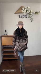 欧洲站2025冬新款时尚水貂毛翻领系带收腰中长款羽绒服外套88266