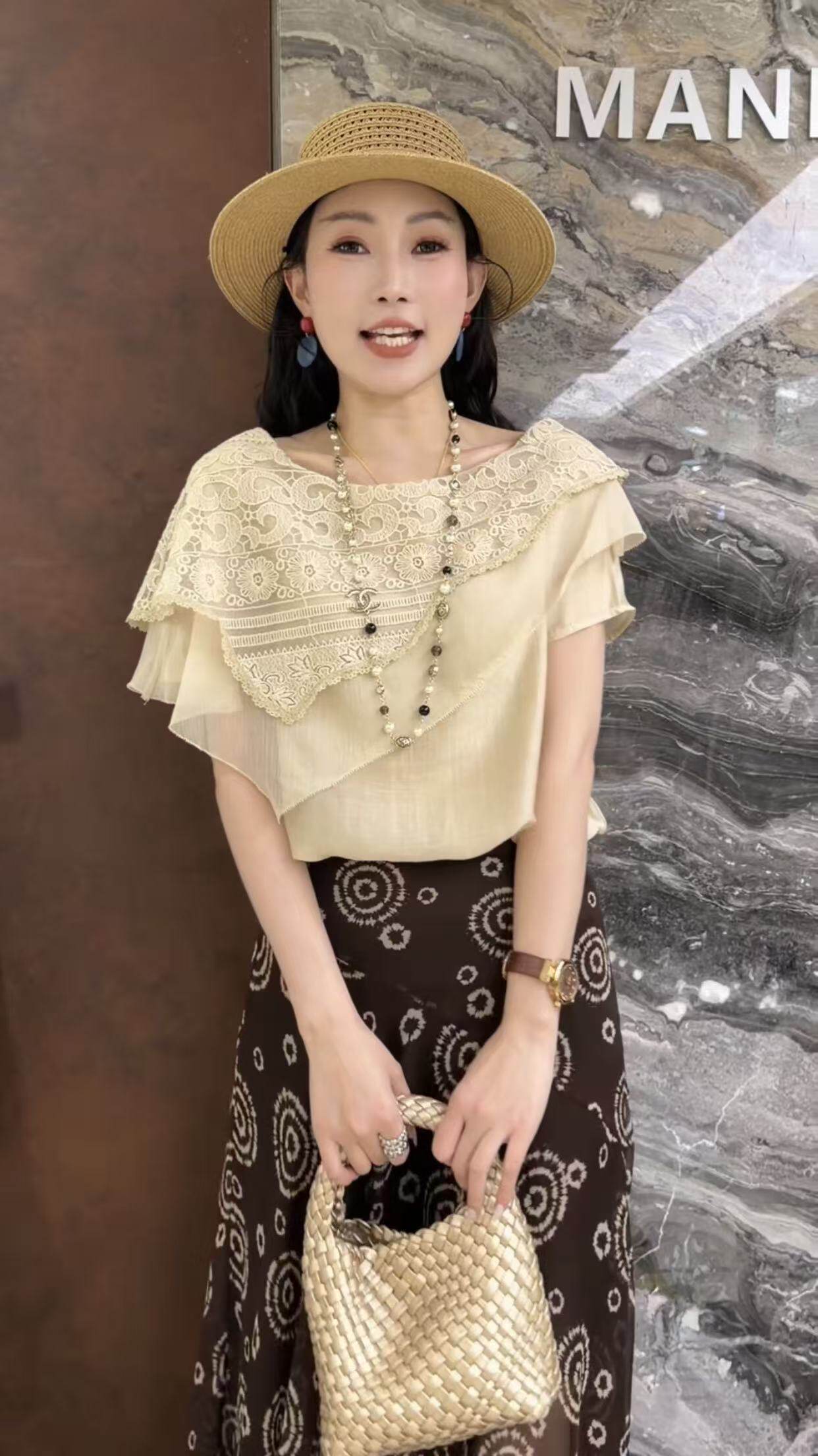 曼曼家2026夏新欧货轻熟风蕾丝荷叶边一字领洋气短袖上衣女19851