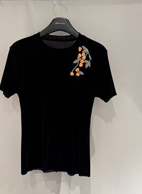 欧洲站2026春季新款欧货圆领刺绣钉珠花朵丝绒短袖T恤女潮1041