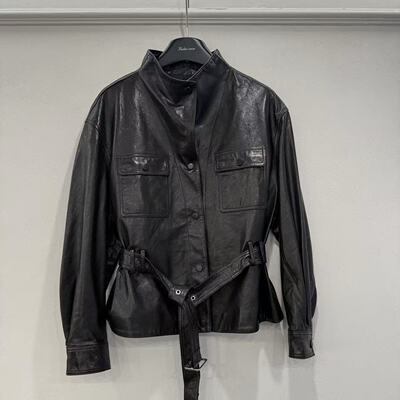 欧洲站2026春新款欧货翻领两口袋系腰带气质绵羊皮真皮衣外套7782