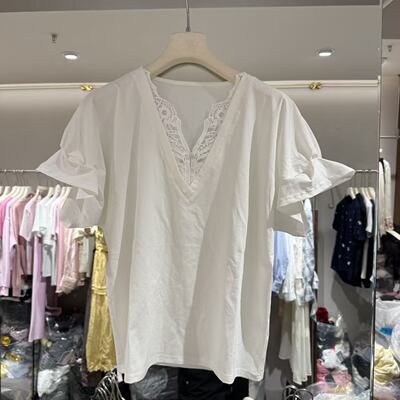 欧洲站2026夏季新款欧货时尚钩花拼接V领花苞袖显瘦洋气上衣17158