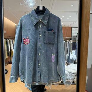 欧洲站2026春新款 翻领刺绣卡通图案通勤百搭牛仔外套女26310 韩版