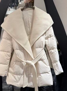 欧洲站2025冬新气质山羊绒拼接大翻领系腰带洋气鹅绒服外套69227