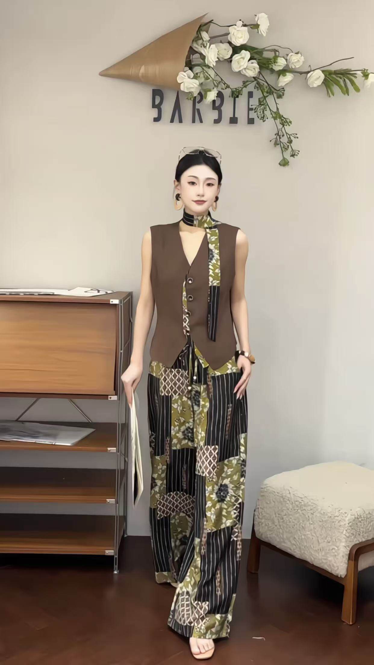 欧洲站2026夏新款欧货配印花丝巾西装马甲+印花裙时尚两件套038