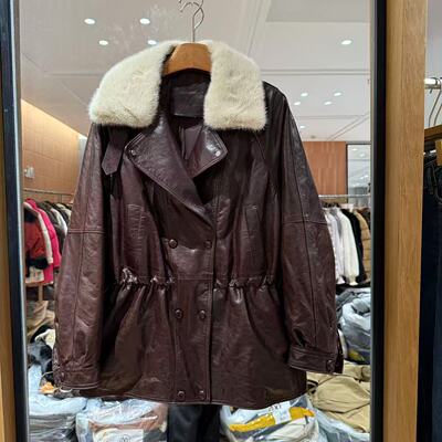 欧洲站2025冬新轻奢水貂毛领双排扣收腰绵羊皮羽绒保暖皮衣5811