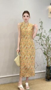 欧洲站2026夏新欧货时尚圆领无袖菱形格印花修身旗袍风连衣裙女潮