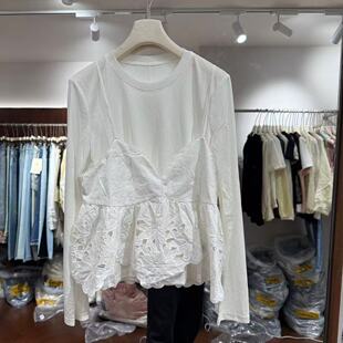 欧洲站2026春新款圆领温柔风叠穿两件套白搭绝美减龄上衣女36081