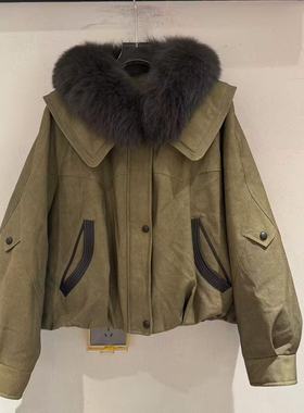 欧洲站2025冬韩系狐狸毛娃娃领拼皮口袋洋气派克保暖鹅绒服66069