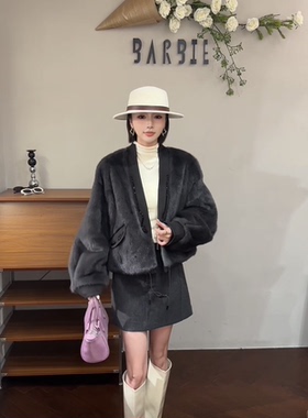 欧洲站2025冬新时尚V领水貂毛皮草外套女短小个子年轻款皮草89015