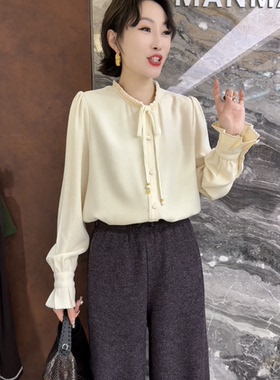 曼曼家2025冬新时尚圆领纽扣优雅百搭花边新中式衬衫女上衣88308
