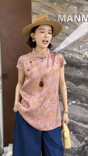 曼曼家2026夏新欧货时尚立领盘扣印花显瘦百搭短袖衬衫女潮