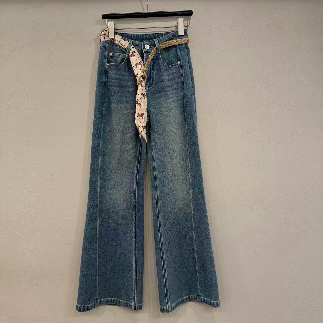 欧洲站2026春季新款欧货丝巾腰带高腰显瘦百搭微喇牛仔裤女32333