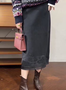 欧洲站2025冬新时尚高腰显瘦蕾丝钩花拼接半身裙中长款裙子31509