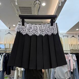 欧洲站2026新款 欧货学院风高腰蕾丝拼接防走光减龄百褶裙女26001