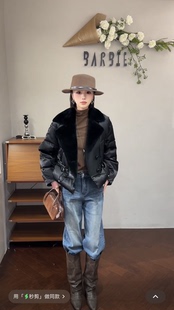 欧洲站2025冬新款时尚翻领拼接皮毛一体收腰洋气羽绒服外套女532