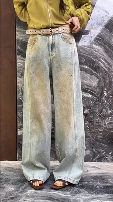 M.Z曼曼家2026春季新款编织腰带复古阔腿牛仔裤直筒裤做旧休闲裤