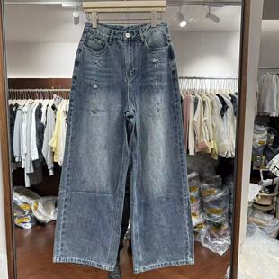 饰洋气舒适直筒百搭牛仔裤 星星装 女06081 高腰时尚 欧洲站0026新款