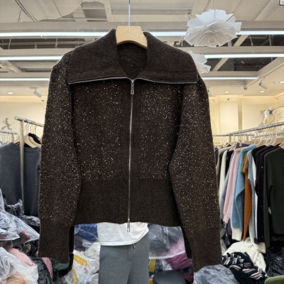 欧洲站2025冬款时尚亮片混纺翻领拉链宽松减龄羊驼毛针织毛衣外套