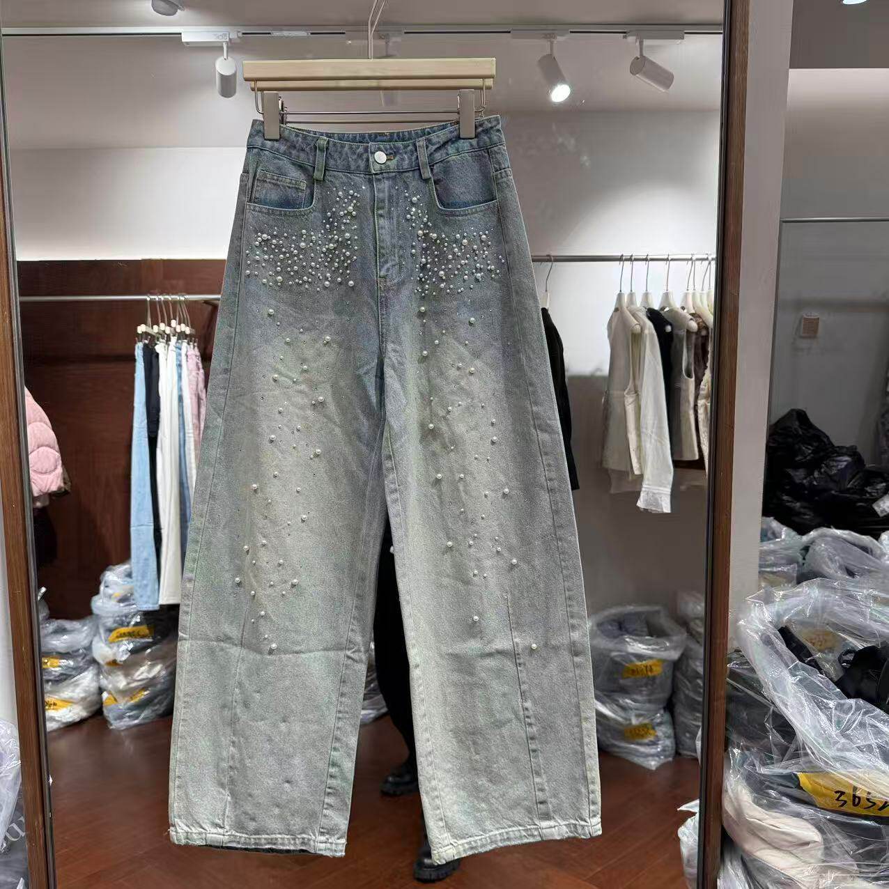 欧洲站2026春新款高腰重工钉珍珠甜辣阔腿高级感显瘦牛仔裤31736