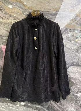 曼曼家2025冬款蕾丝拼接立领高级感凤尾提花长绒棉轻奢上衣91020