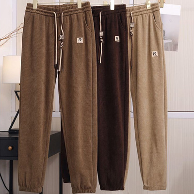 2025秋冬新款休闲女裤加绒加厚高腰系绳运动裤木棉绒超细条束脚裤