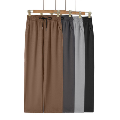 定作夏季薄款男士冰丝皱凉感直筒裤高腰系绳宽松百搭休闲裤阔腿裤