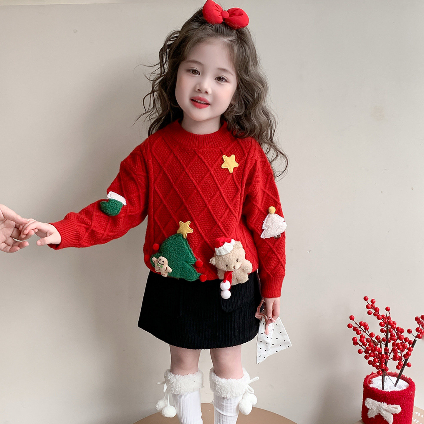 女童毛衣冬季加厚2025新款儿童圣诞红色衣服女宝宝冬装内搭针织衫