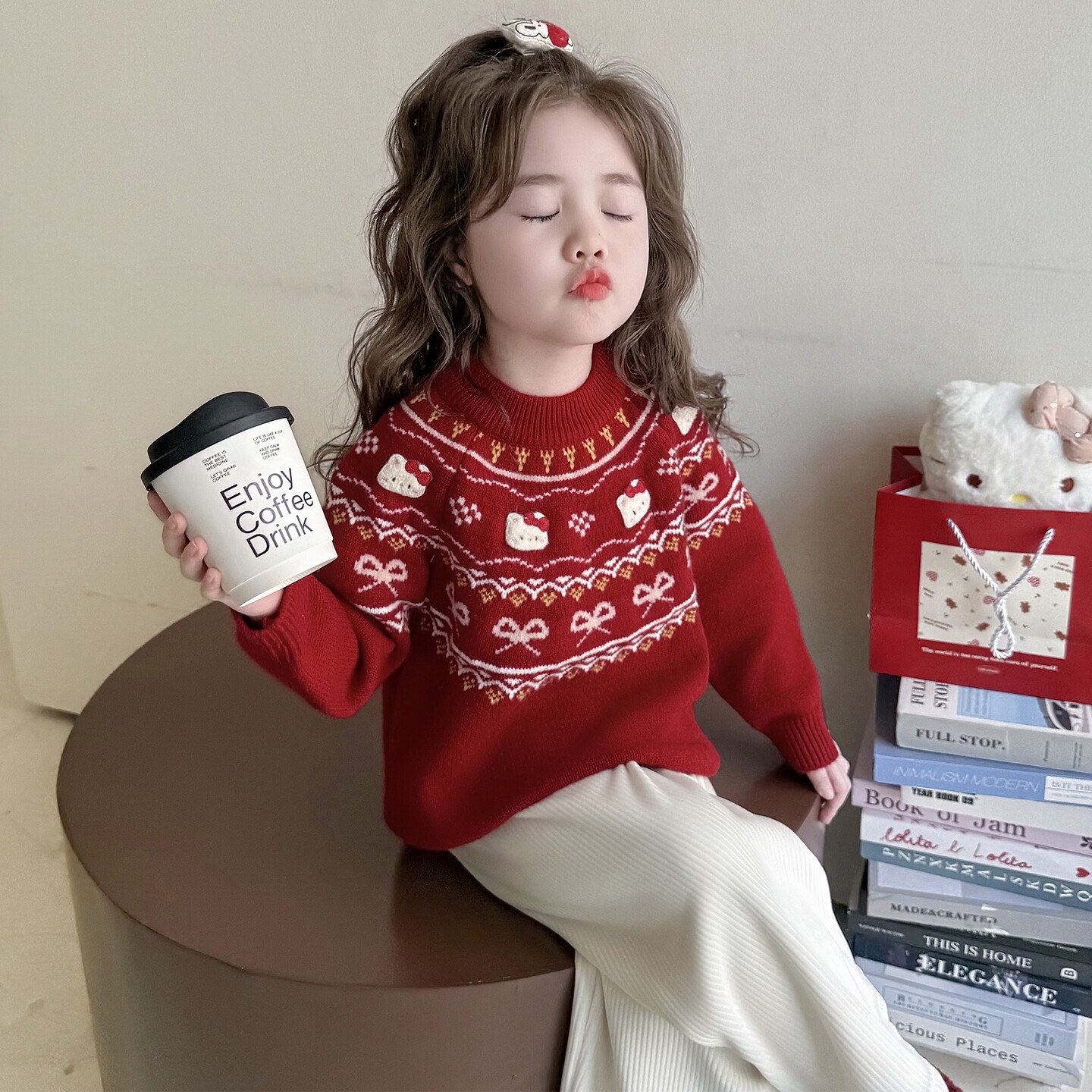 女童红色毛衣冬季超好看费尔岛儿童加厚打底衫女宝宝冬装内搭上衣