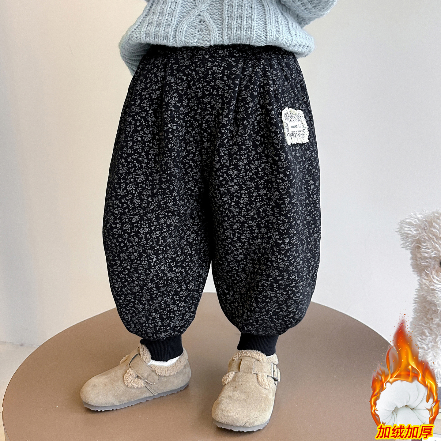 女童加绒裤子冬季外穿夹棉加厚儿童碎花灯笼裤女宝宝一条过冬棉裤