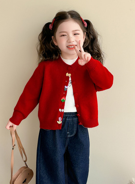 女童针织开衫外套秋冬季2025新款儿童红色上衣女宝宝冬装内搭毛衣