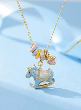 卡通珐琅彩木马项链s925纯银金店同款欢乐瑶瑶木马吊坠锁骨链饰品