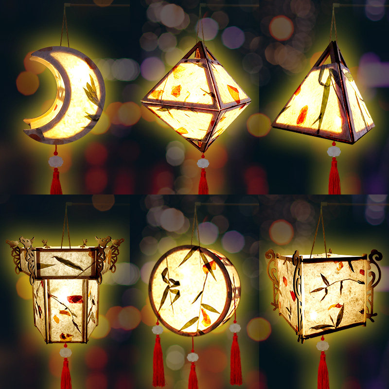 新年中国风古风灯笼木质花草纸儿童手工diy材料提竿复古花灯马年