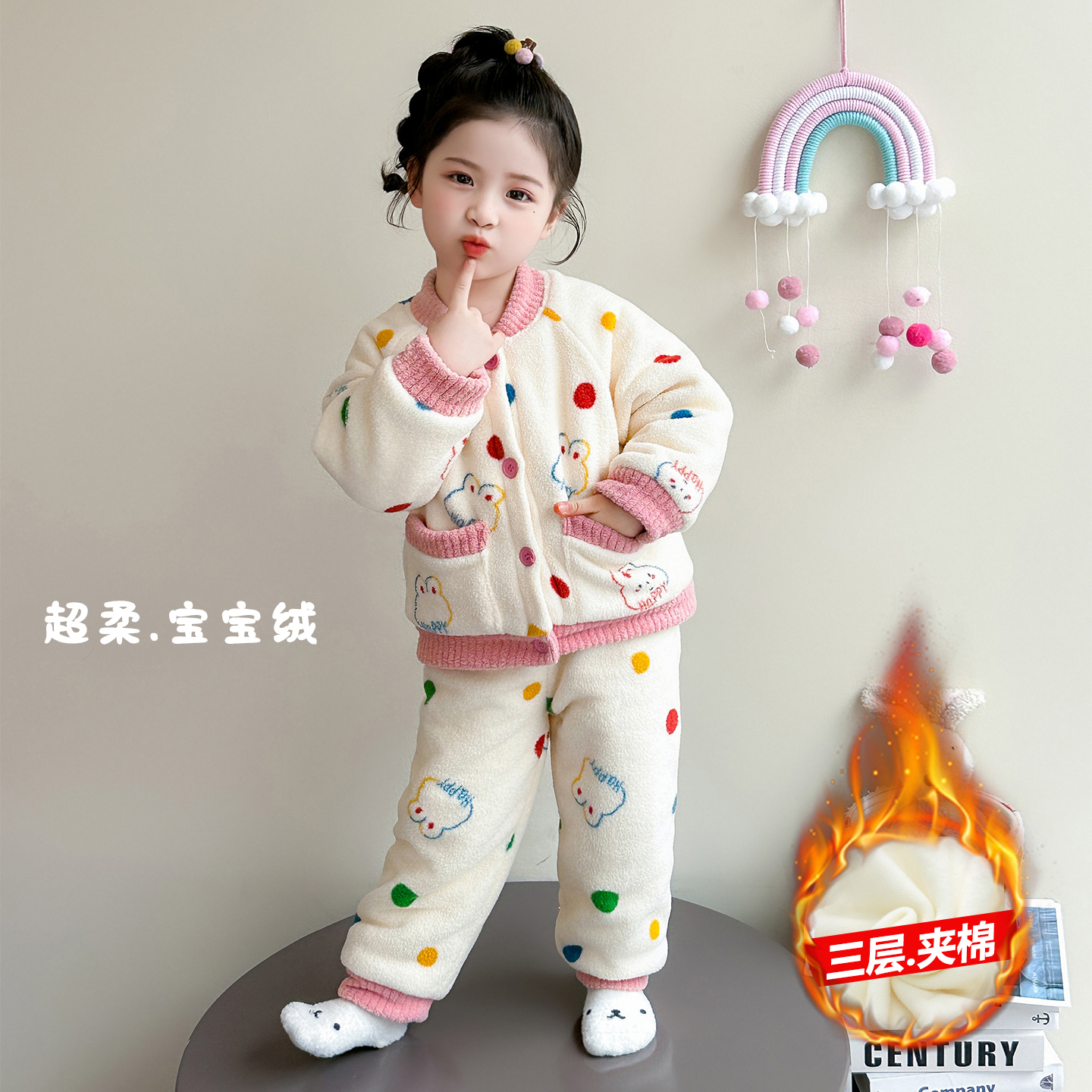 儿童睡衣冬季女童珊瑚绒家居服三层夹棉公主女宝宝超厚保暖套装冬