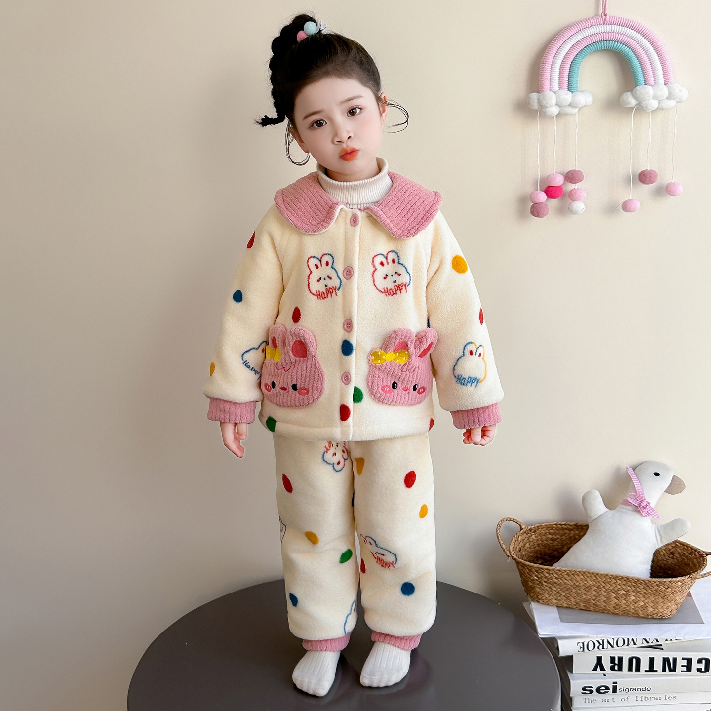 女童三层夹棉家居服冬季女孩娃娃领保暖睡衣套装儿童宝宝加厚衣服