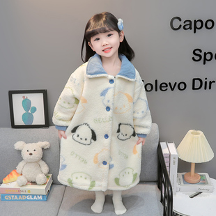 女童睡衣秋冬法兰绒儿童卡通开衫保暖家居服睡袍女孩加厚半边绒冬