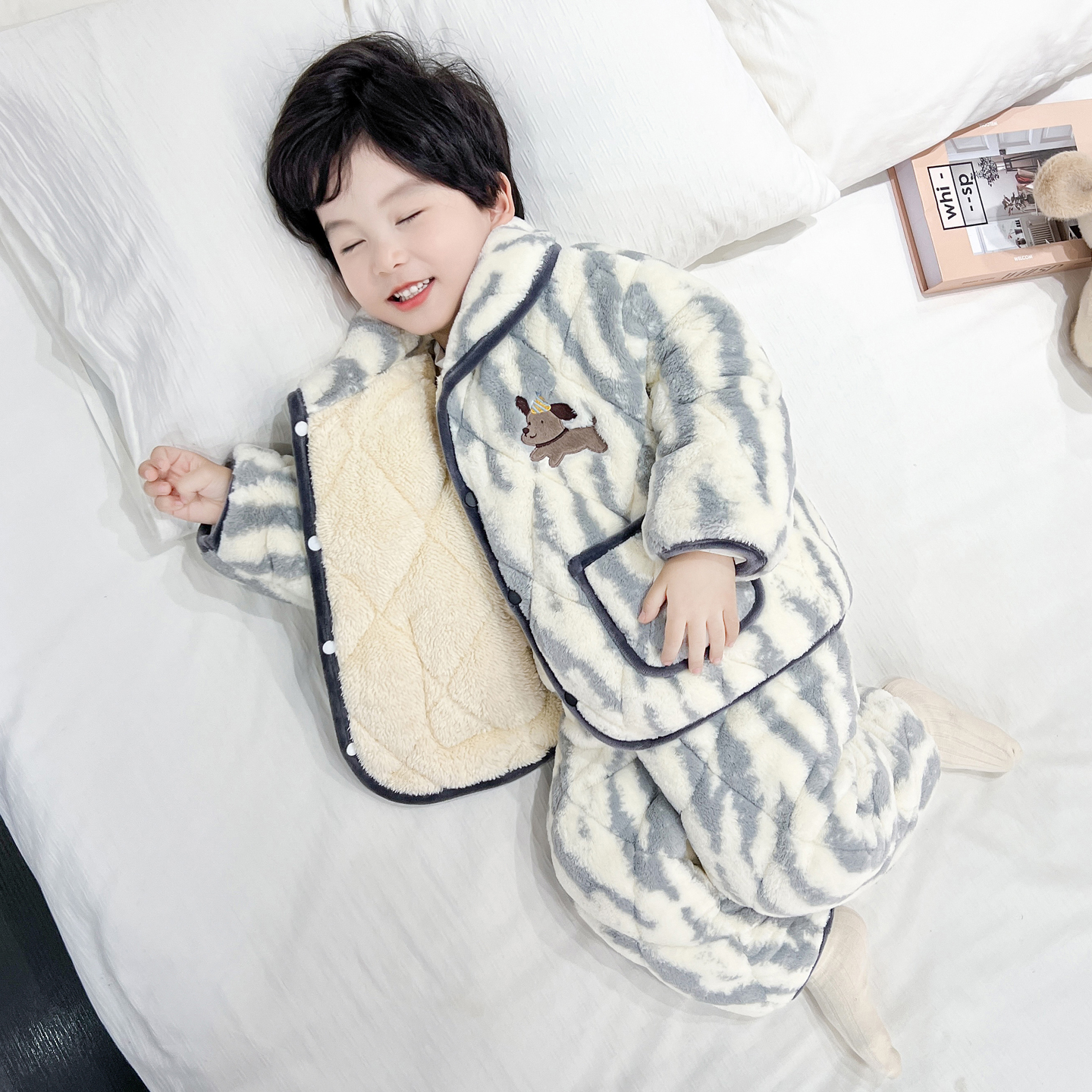 男童三层夹棉家居服冬季男孩儿童加厚加绒睡衣套装宝宝保暖衣服冬