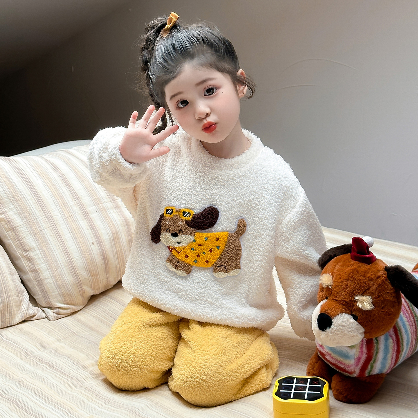 女童睡衣冬季半边绒女孩卡通小狗家居服加厚套装女宝宝保暖睡衣冬