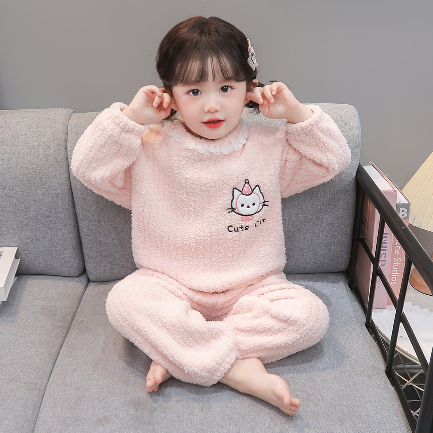 女童睡衣半边绒套装冬季女孩卡通套头家居保暖衣服公主宝宝加厚冬