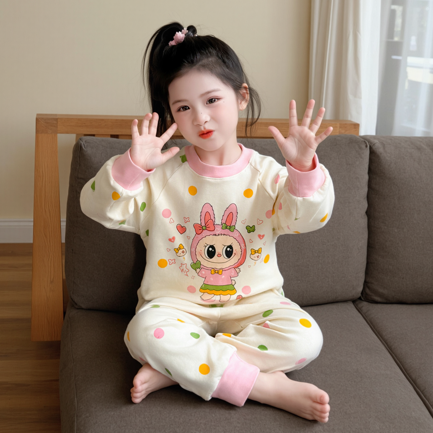 儿童纯棉睡衣秋季女童加厚羊毛拉架保暖家居服女宝宝睡衣套装秋冬