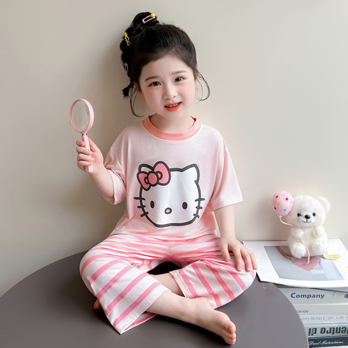 女童睡衣夏季莫代尔女孩猫咪条纹家居服薄款儿童宝宝a类空调服夏