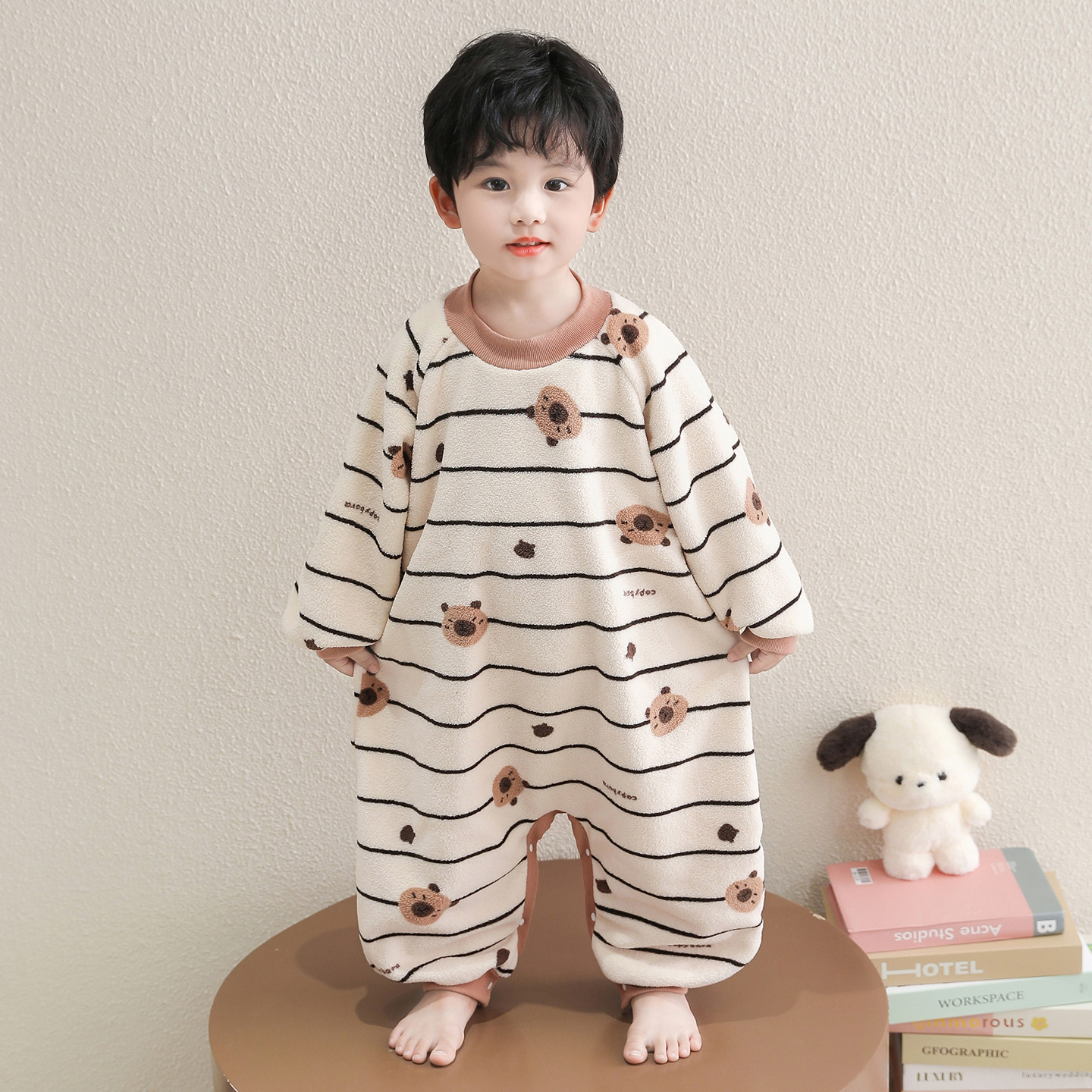 儿童连体睡衣冬季男孩防踢保暖家居服杨梅绒男童宝宝睡袋爬爬服冬