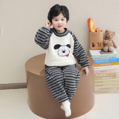 男童睡衣冬季珊瑚绒儿童卡通套头家居服套装男孩宝宝保暖条纹睡衣
