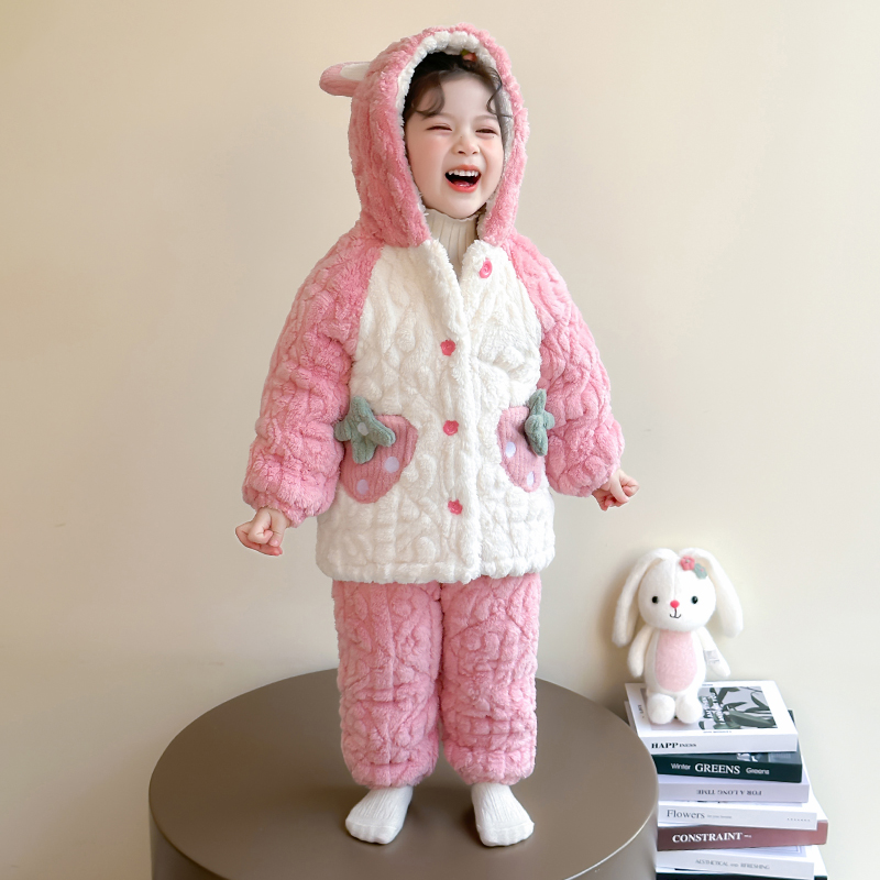 女童三层夹棉睡衣冬季女孩珊瑚绒加厚家居服女宝宝保暖连帽套装冬