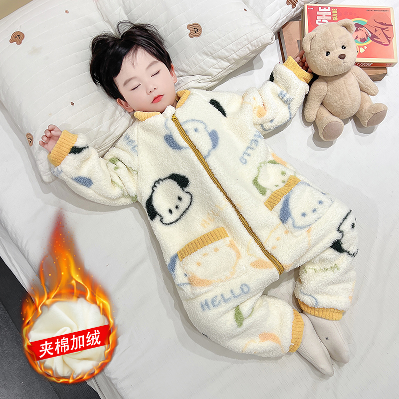 儿童加厚连体睡衣冬季男童保暖防踢珊瑚绒睡袋家居服男宝宝爬爬服