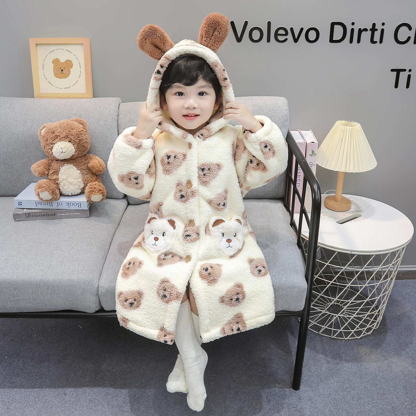男童睡衣加厚米粒绒睡袍男孩小熊连帽家居袍宝宝保暖浴袍冬季衣服